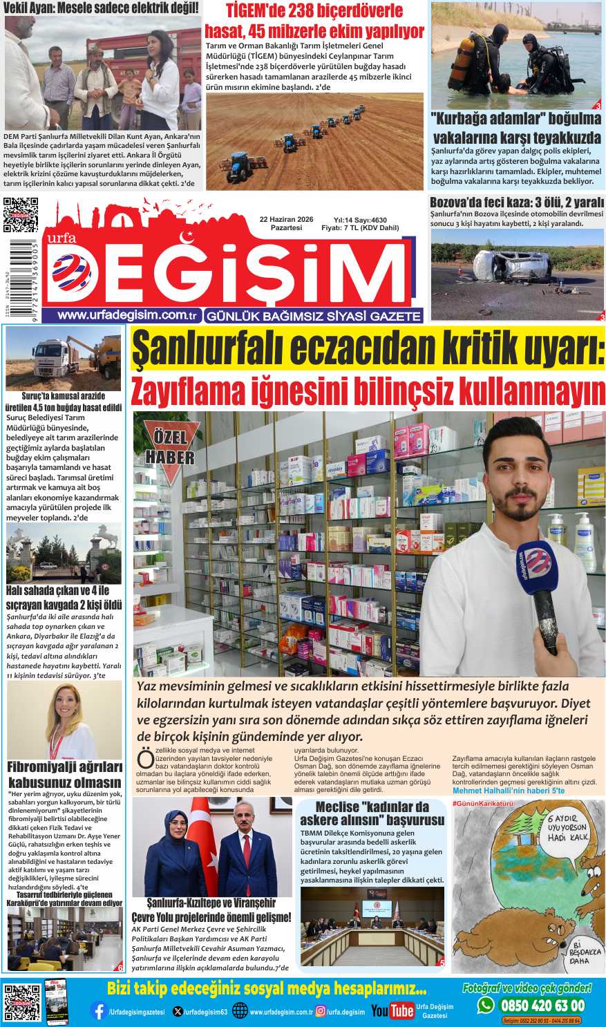 22 Haziran Pazartesi, Urfa Değişim gazetesi