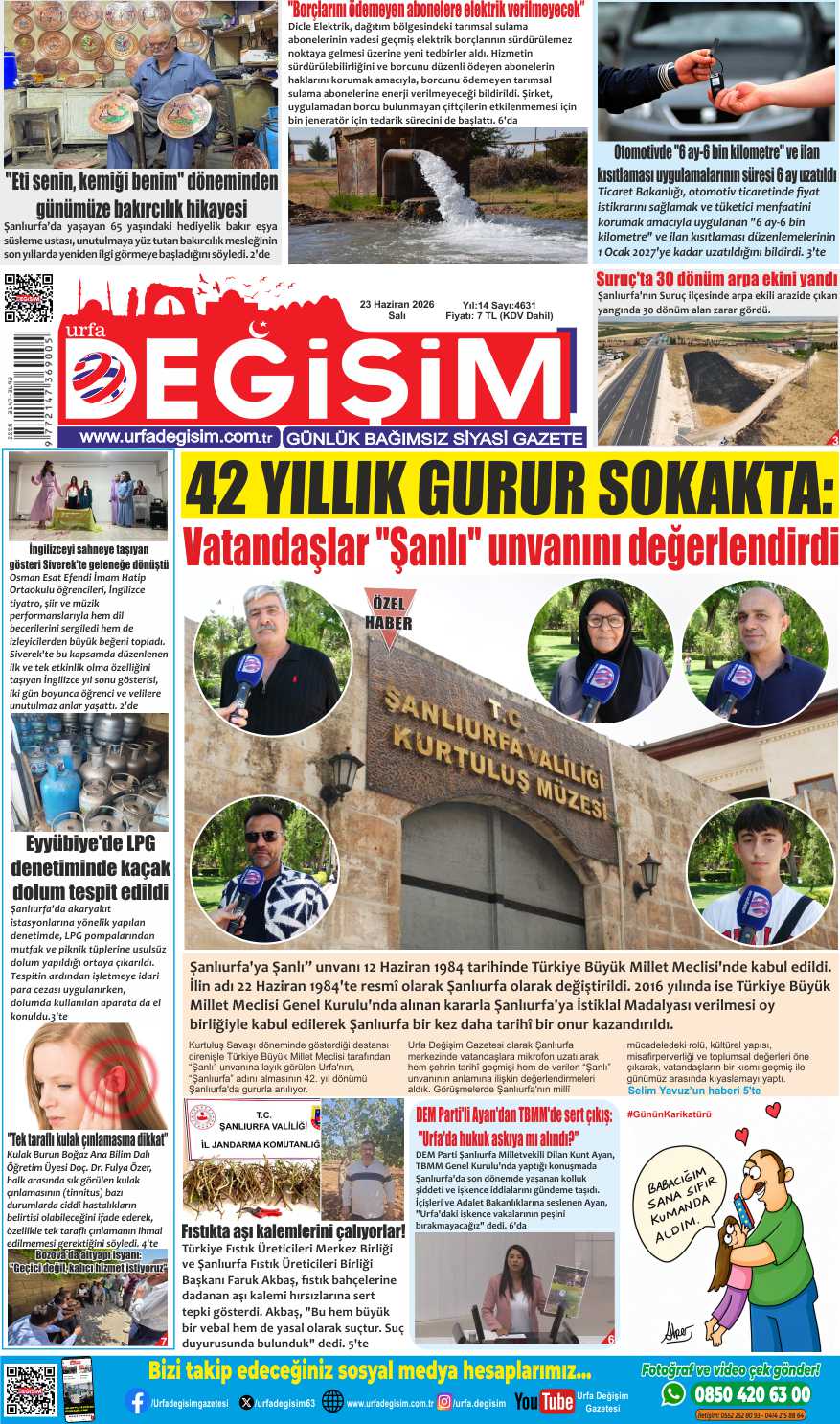 23 Haziran Salı, Urfa Değişim gazetesi