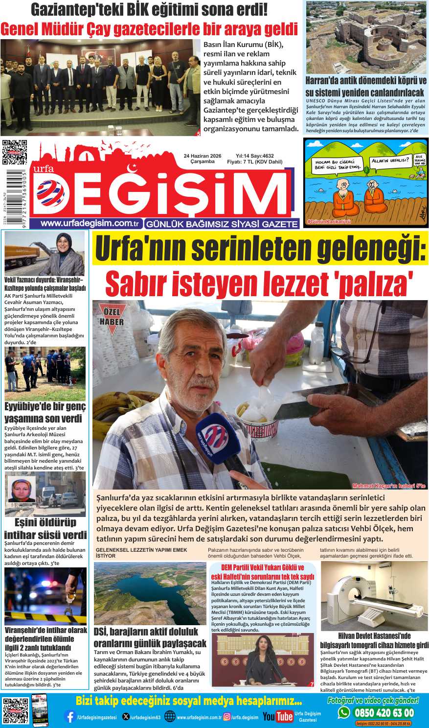 24 Haziran Çarşamba, Urfa Değişim gazetesi