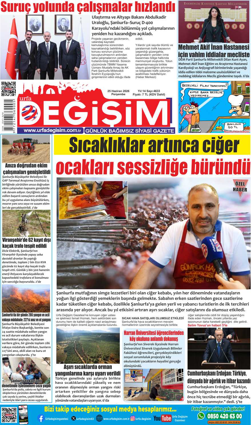 25 Haziran Perşembe, Urfa Değişim gazetesi