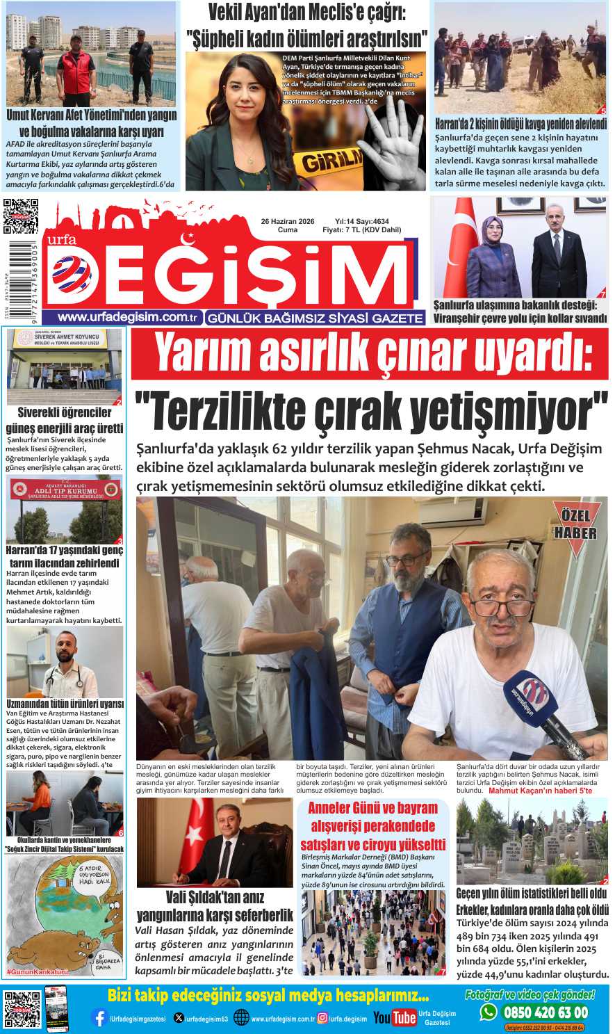 26 Haziran Cuma, Urfa Değişim gazetesi