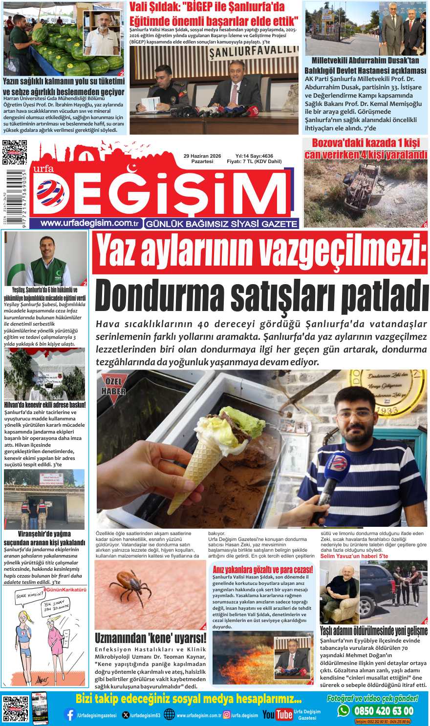 29 Haziran Pazartesi, Urfa Değişim gazetesi