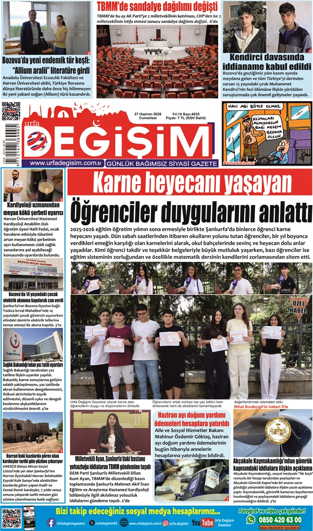 27 Haziran Cumartesi, Urfa Değişim gazetesi