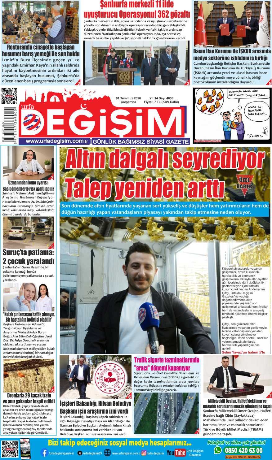 1 Temmuz Çarşamba, Urfa Değişim gazetesi