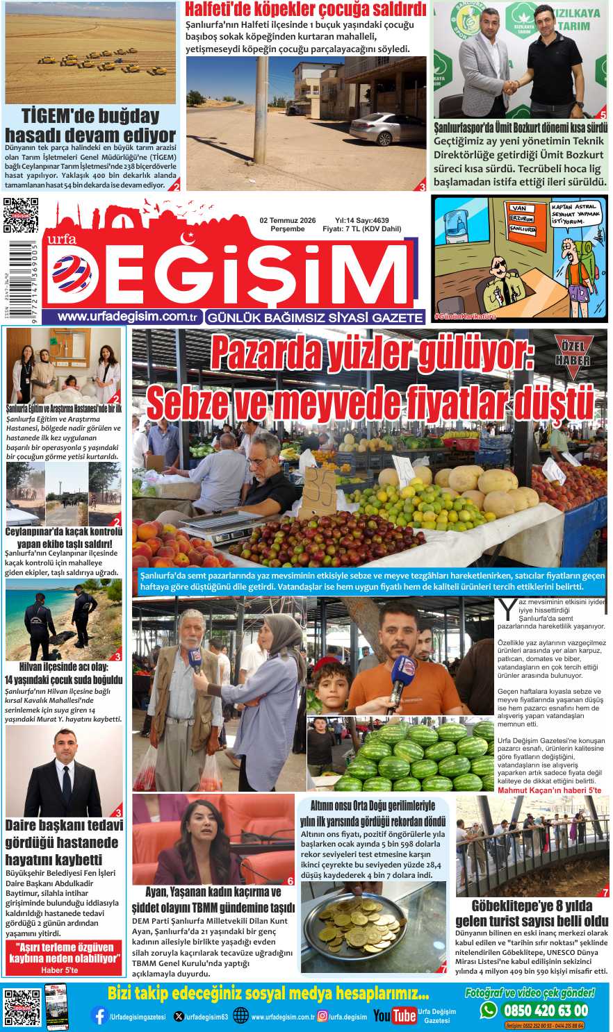 2 Temmuz Perşembe, Urfa Değişim gazetesi