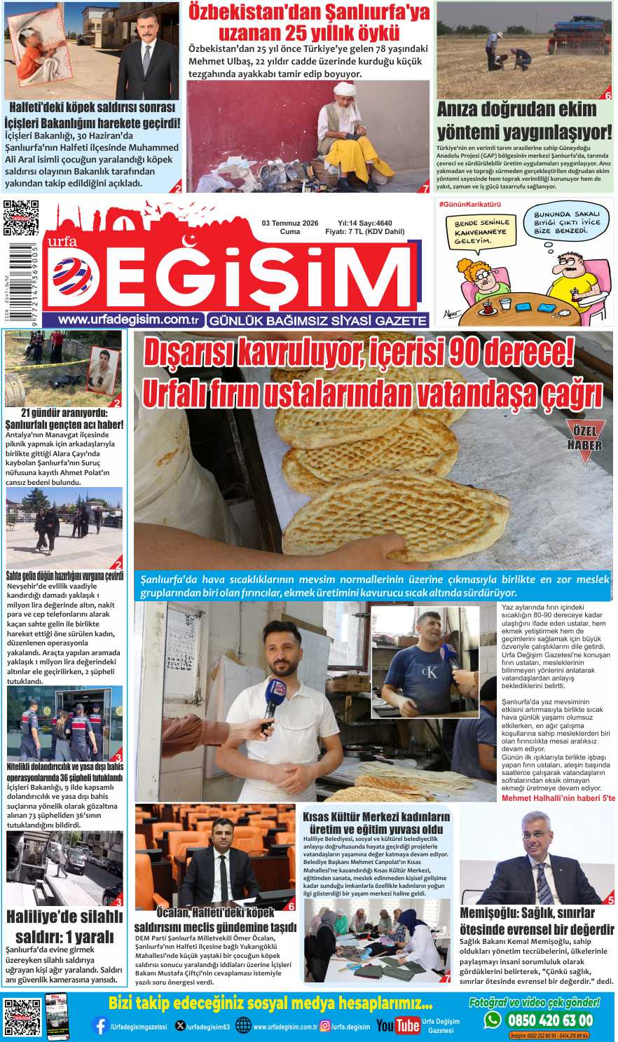 3 Temmuz Cuma, Urfa Değişim gazetesi