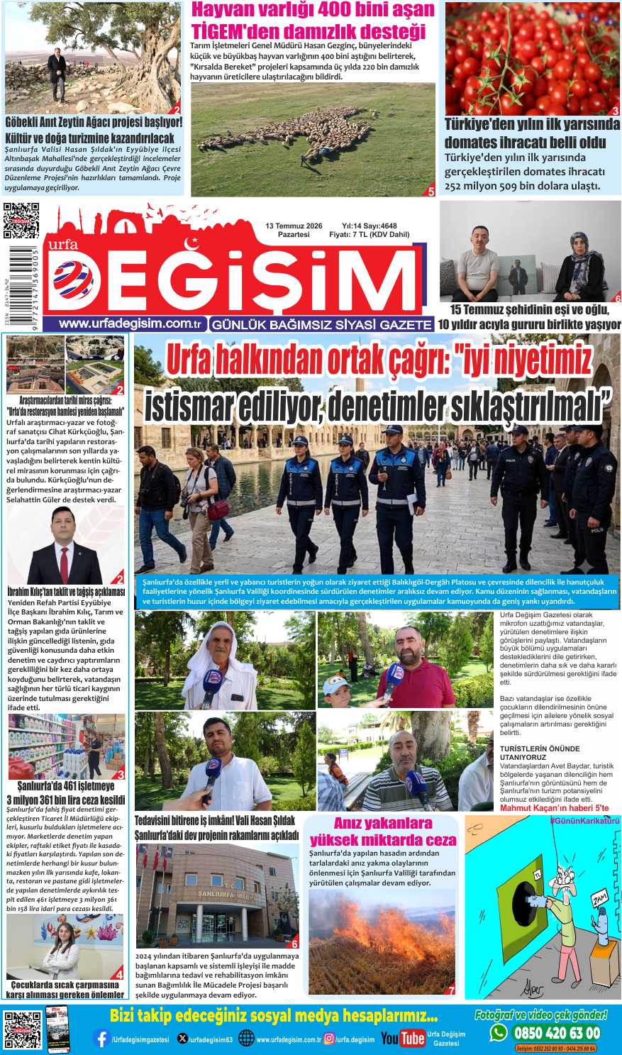 13 Temmuz Pazartesi, Urfa Değişim gazetesi