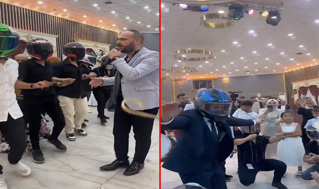 Motorcu damat düğününde kaskla doyasıya eğlendi