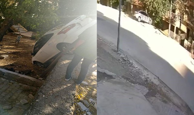 Otomobil 2 metrelik boşluğa düştü! O anlar güvenlik kamerasında