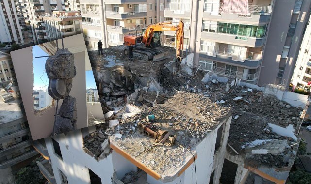 Ağır hasarlı binanın bağlama noktasından tepsi çıktı