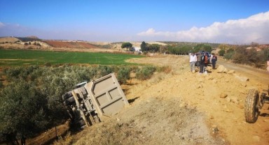 Toprak yüklü kamyon zeytin bahçesine devrildi: 1 yaralı