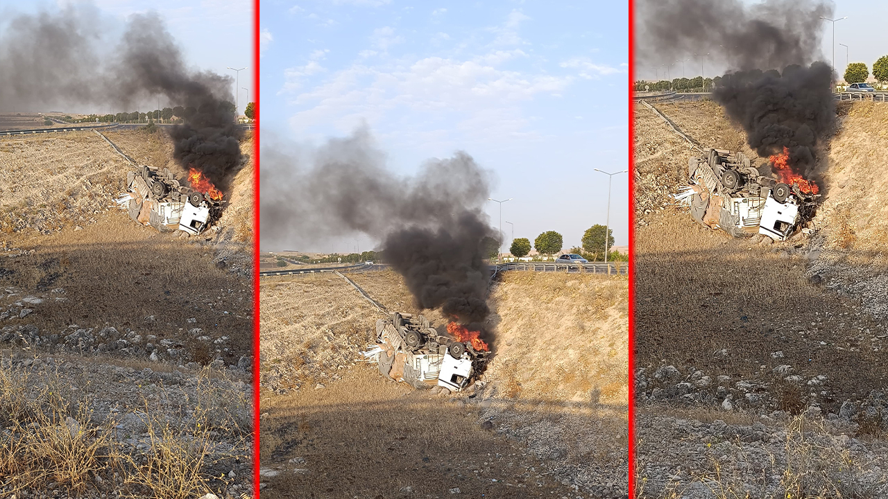 Şanlıurfa'da Havaalanı girişinde TIR şarampole uçtu! Alev alev yandı