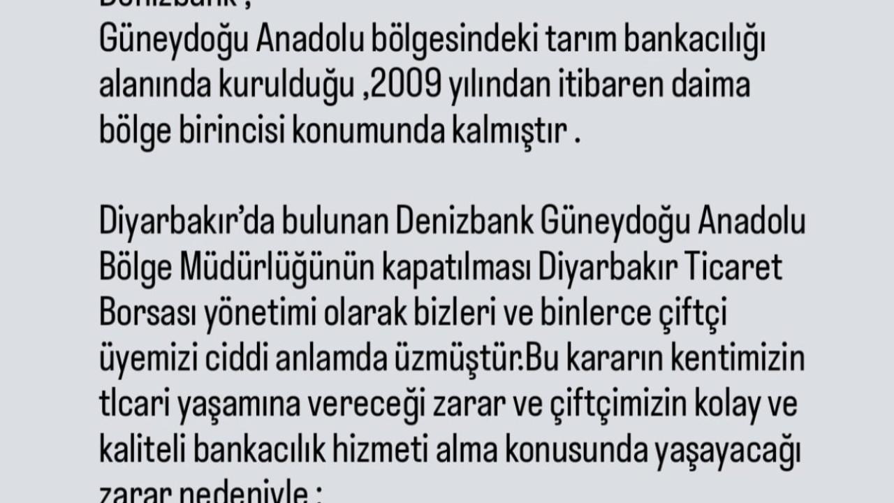 Diyarbakır Ticaret Borsası’ndan Denizbank’a çağrı: Bölge müdürlüğü kapatılmasın