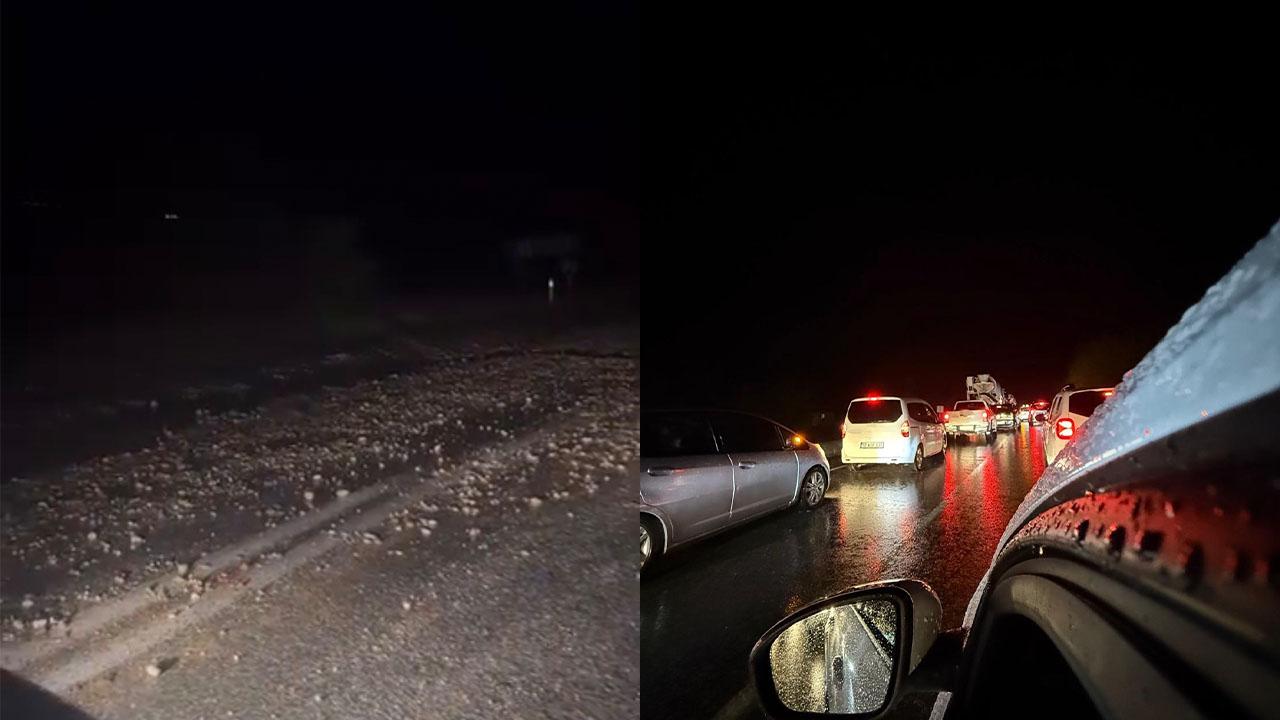 Komşu ilde yamaçtan kopan taşlar yolu kapattı