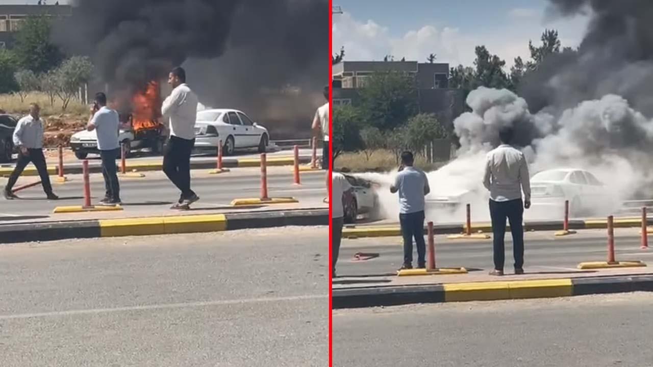 Şanlıurfa’da hastane önünde park halindeki otomobil alev alev yandı