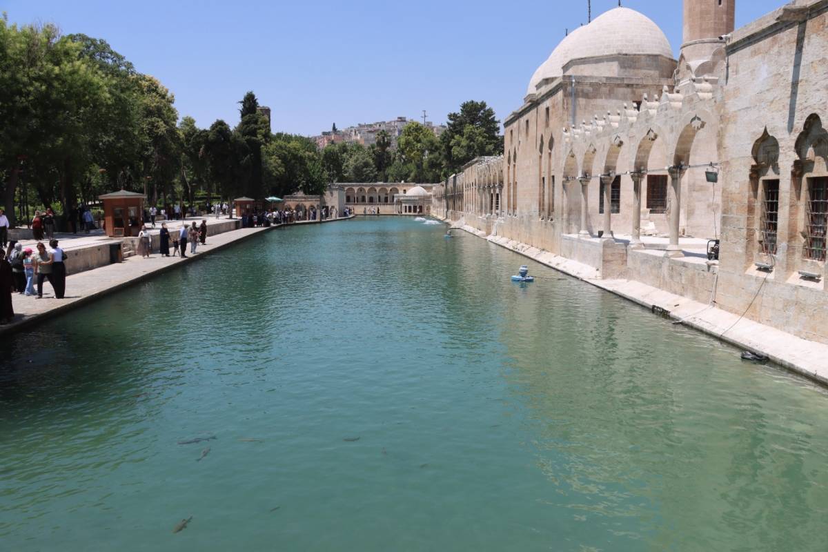 Şanlıurfa’da vatandaşlar Balıklıgöl gölgelerinde serinliyor
